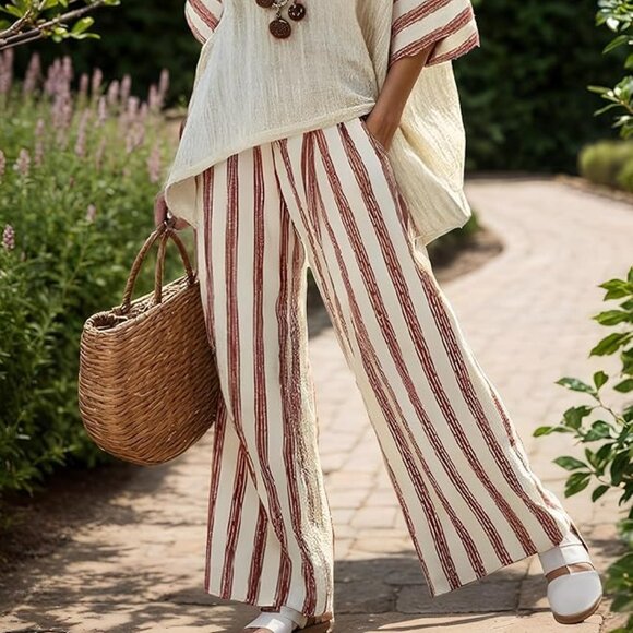 NWOT - Boho Linen Blend 2-Piece Set – Striped Wide-Leg Pants & Tunic Top - Picture 2 of 5